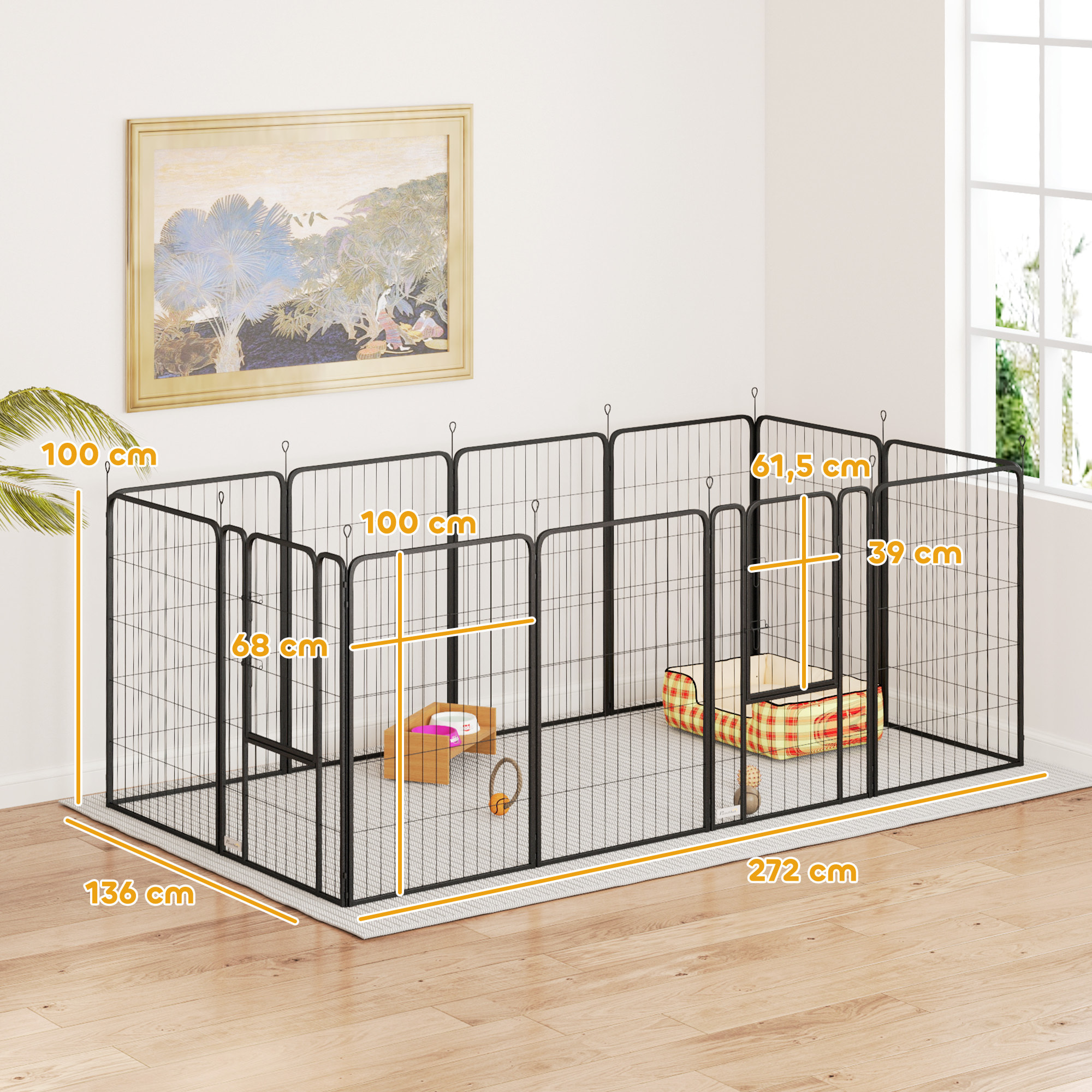 Parque para Perros de 12 Paneles de 100 cm de Altura, Vallas para Perros de Acero Resistente Plegable, con Puertas, para Interior y Exterior, Negro