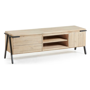 Mueble TV Thinh 1 puerta y 2 cajones madera maciza acacia y acero acabado negro 165x53 cm