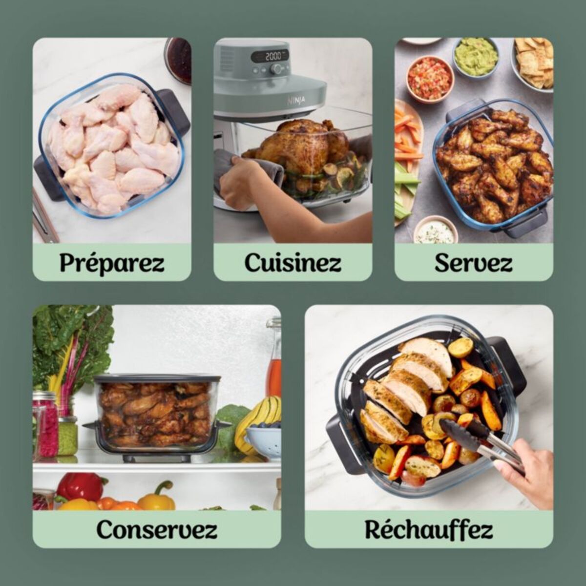 Friteuse sans huile NINJA CRISPi PRO 7-en1, 2 récipients en verre de 5.7 et 2.3L, AS101EUGY, Vert Ash Grey