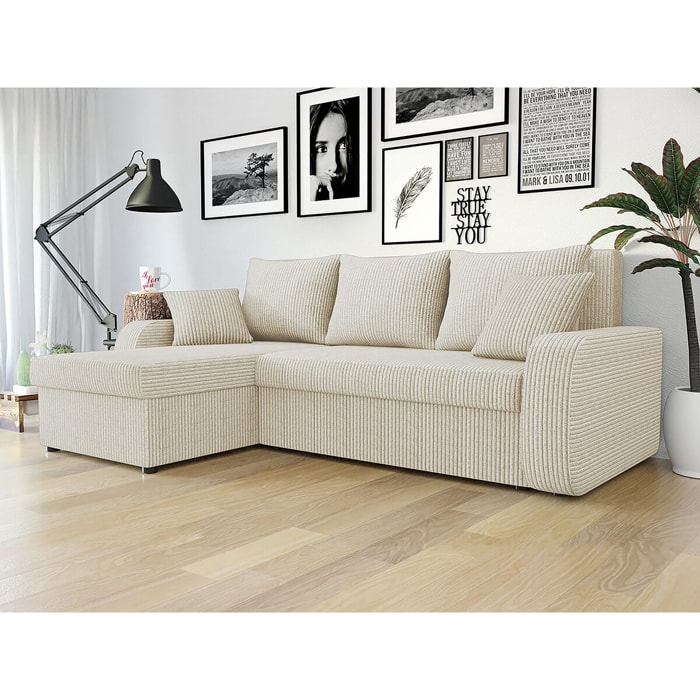 Canapé d'angle velours côtelé convertible - 3 places "Vinci" - Beige