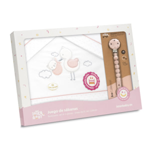 Triptico Cuna Cigueña Oso + Broche Bco/Rosa