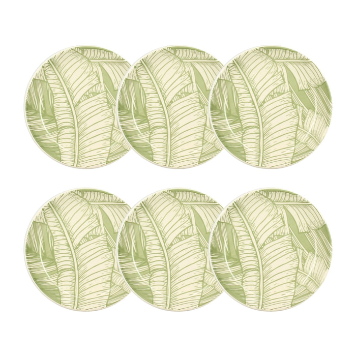 Lot de 6 assiettes creuses 20,5cm en grès à motif vert LEAVES