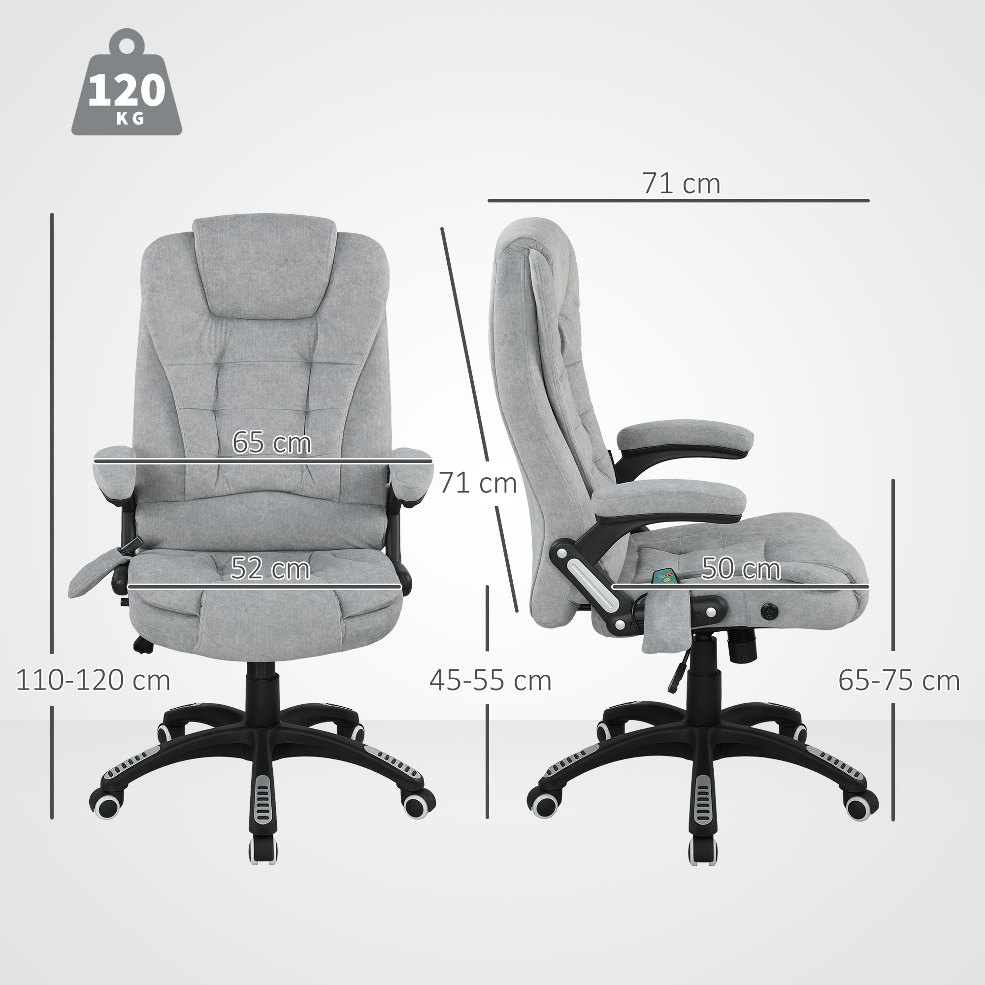 Silla de Oficina con Masaje de 6 Puntos Silla de Escritorio Giratoria con Función Basculante con Calefacción Altura Ajustable Respaldo Reclinable y Mando a Distancia 65x71x110-120 cm Gris