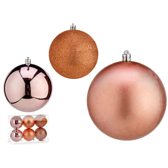 Set di 6 palline di Natale da 10 cm in colore rame, assortite in 3 design: semplice, lucido e testurizzato.