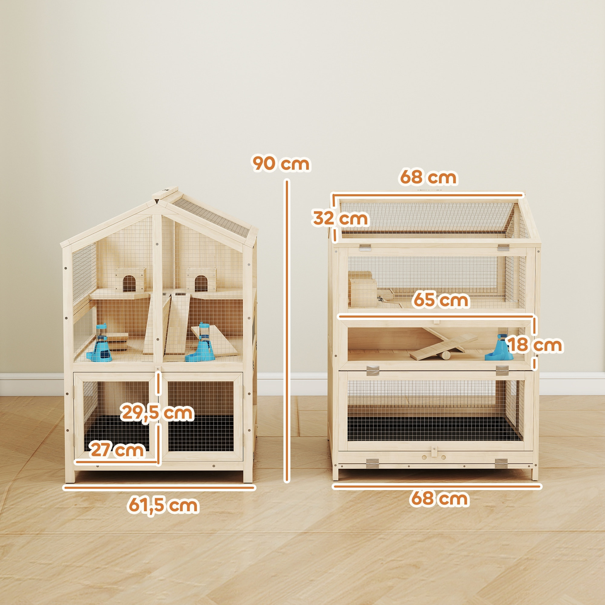 Jaula para Hámster de Madera de 3 Niveles, Casa para Hámster con Bebederos, Casetas, Balancines, Rampas, Bandeja Extraíble y Tapas Abatibles, 68x61,5x90 cm, Natural