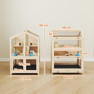 Jaula para Hámster de Madera de 3 Niveles, Casa para Hámster con Bebederos, Casetas, Balancines, Rampas, Bandeja Extraíble y Tapas Abatibles, 68x61,5x90 cm, Natural