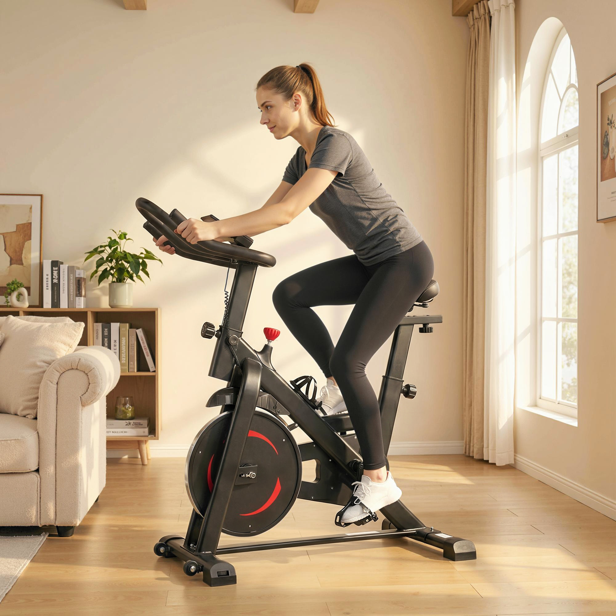 Vélo d'appartement réglable - vélo biking cardio - volant d'inertie 6 Kg, écran LCD, support Ipad gourde - acier rouge noir