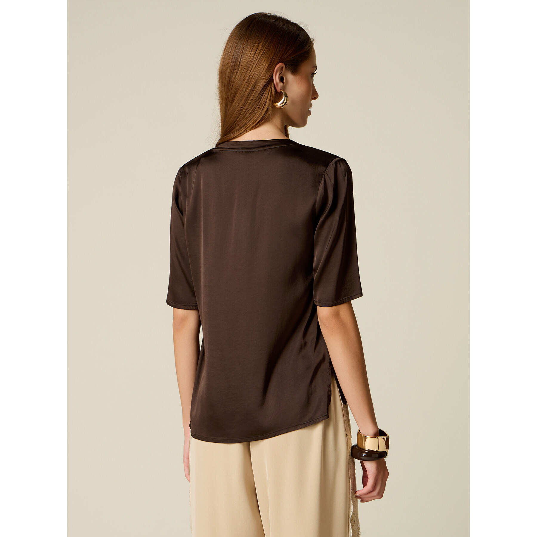 Oltre - Blusa maniche corte in raso - Marrone