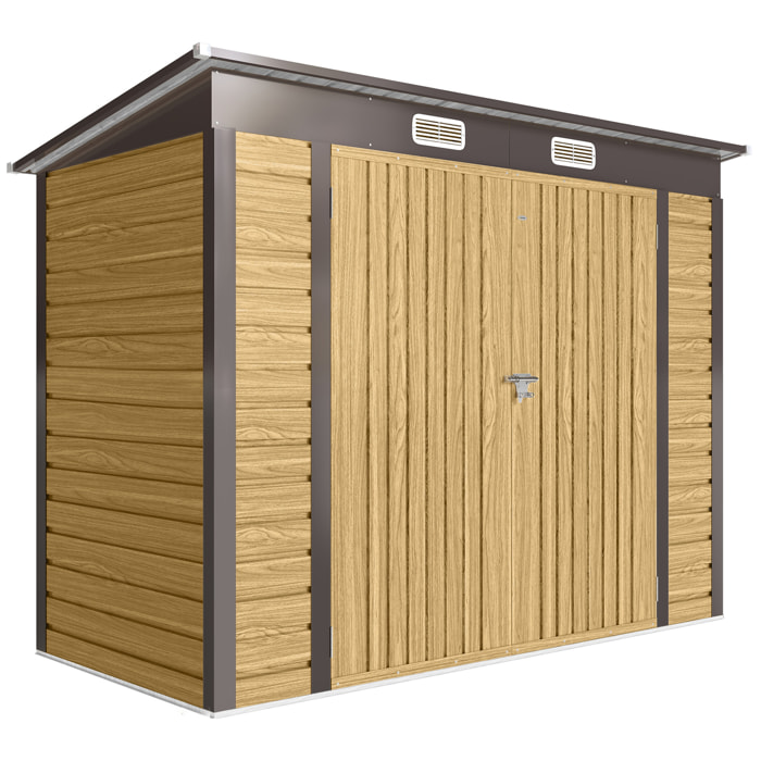 Abri de jardin 3 m² tôle d'acier 2 portes verrouillables 2 évents toit incliné effet bois clair marron