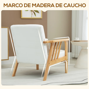 Sillón de Salón Sillón Nórdico Tapizado en Terciopelo Butaca Relax con Cojín y Patas de Madera de Caucho para Oficina Estudio Dormitorio 68x75x78 cm Crema