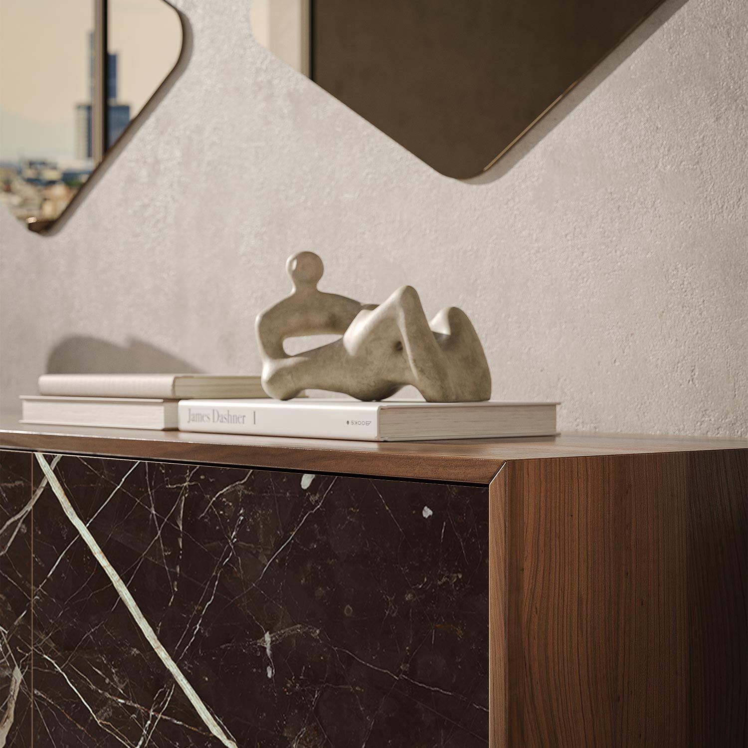 MADIA AUREA 3 ANTE - STRUTTURA NOCE CANALETTO, GRIGIO CARBONE, ANTA VETRO STAMPATO CALCATTA BLACK