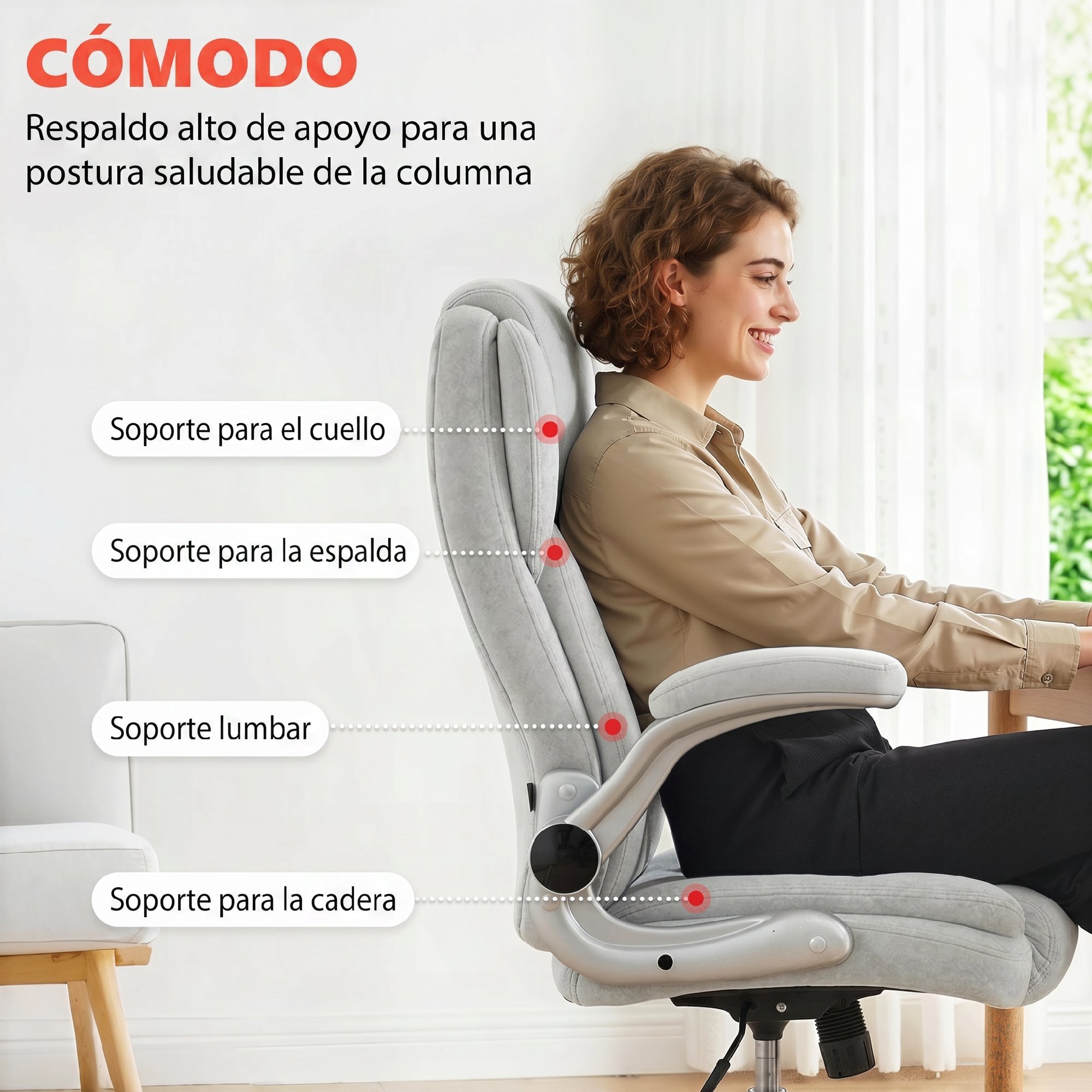Silla de escritorio Ergonómica, Silla de Oficina con Respaldo Alto, Reposabrazos Abatibles, Asiento con Muelles, Altura Ajustable, Función Basculante, Tapizado en Terciopelo, Crema