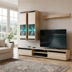 Parete Attrezzata Soggiorno Mobile Tv Vetrine Led Mensola Moderno Living Arredo Contenitore Vani Giorno Resistente 175x150x37 Cm Rovere Chiaro E Nero