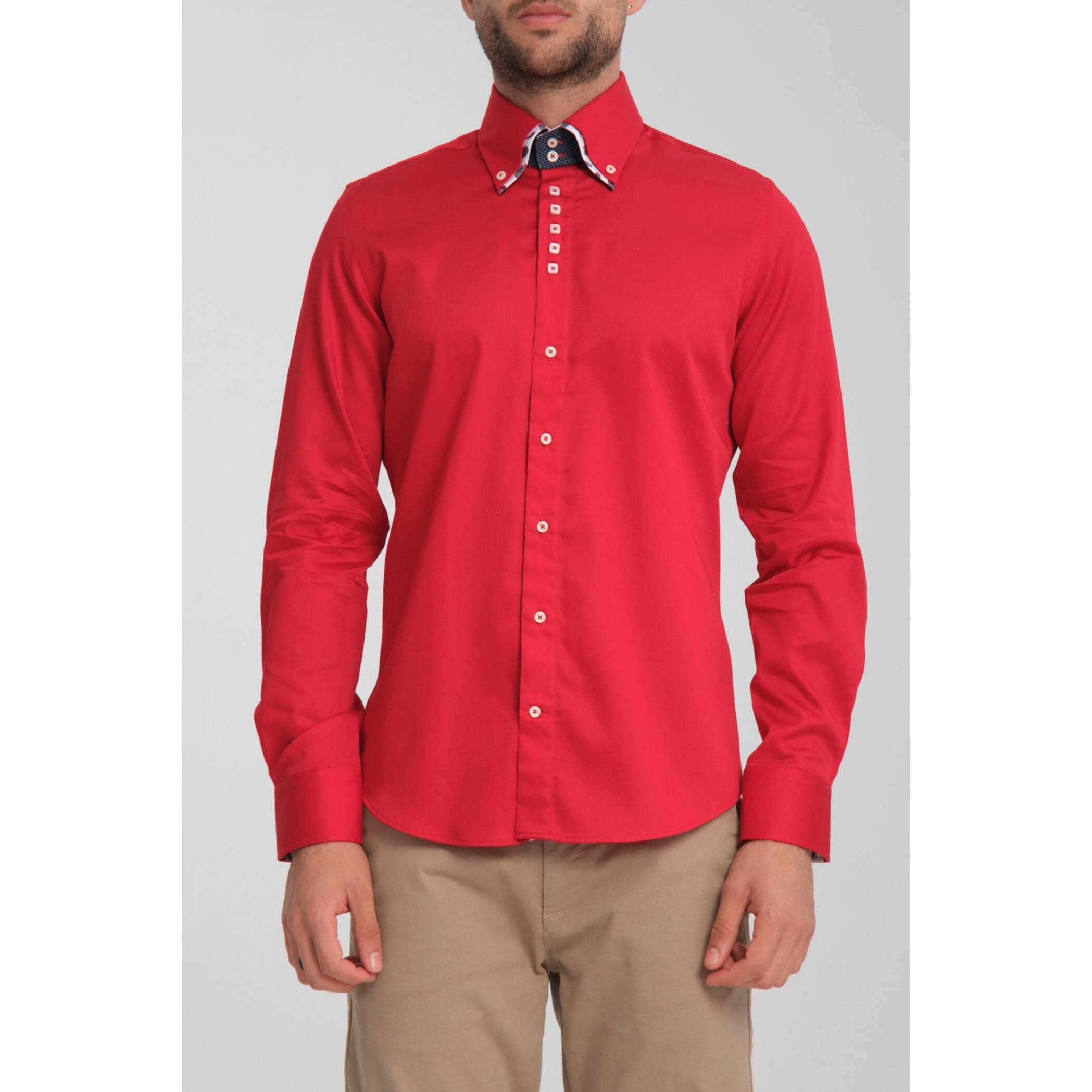 Camicia Uomo 2 Bottoni Button Down 7bottoni Doppio Coll Satin Unito Rosso