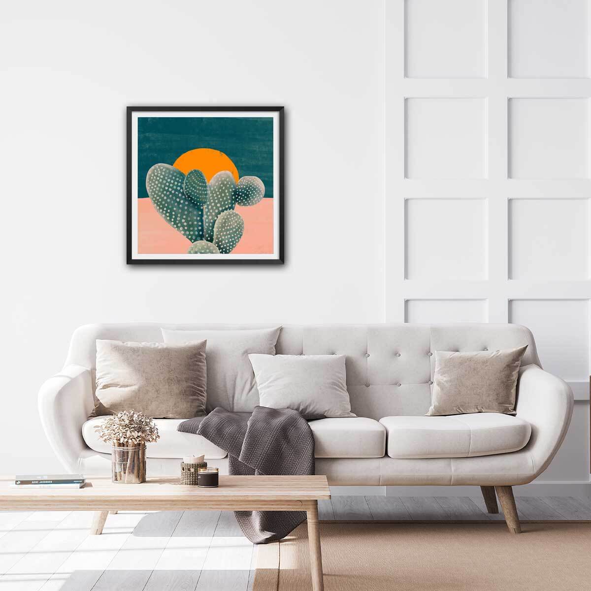 Affiche illustration cactus et soleil orange Affiche sous cadre noir