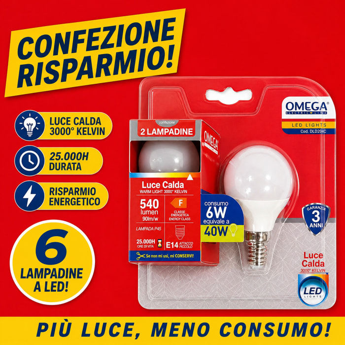 OMEGA Set 6 lampadine sfera led 6W E14 3000K