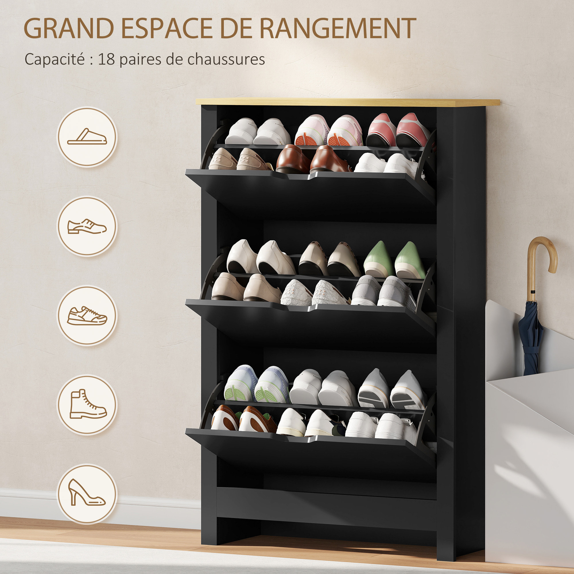 Armoire à chaussures 2 portes abattantes 2 compartiments noir naturel