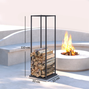 Estante de Leña Metálico, Soporte para Leña de Chimenea, Leñero Exterior con Base Elevada, para Interior y Exterior, Carga 100 kg, 33x33x110 cm, Negro