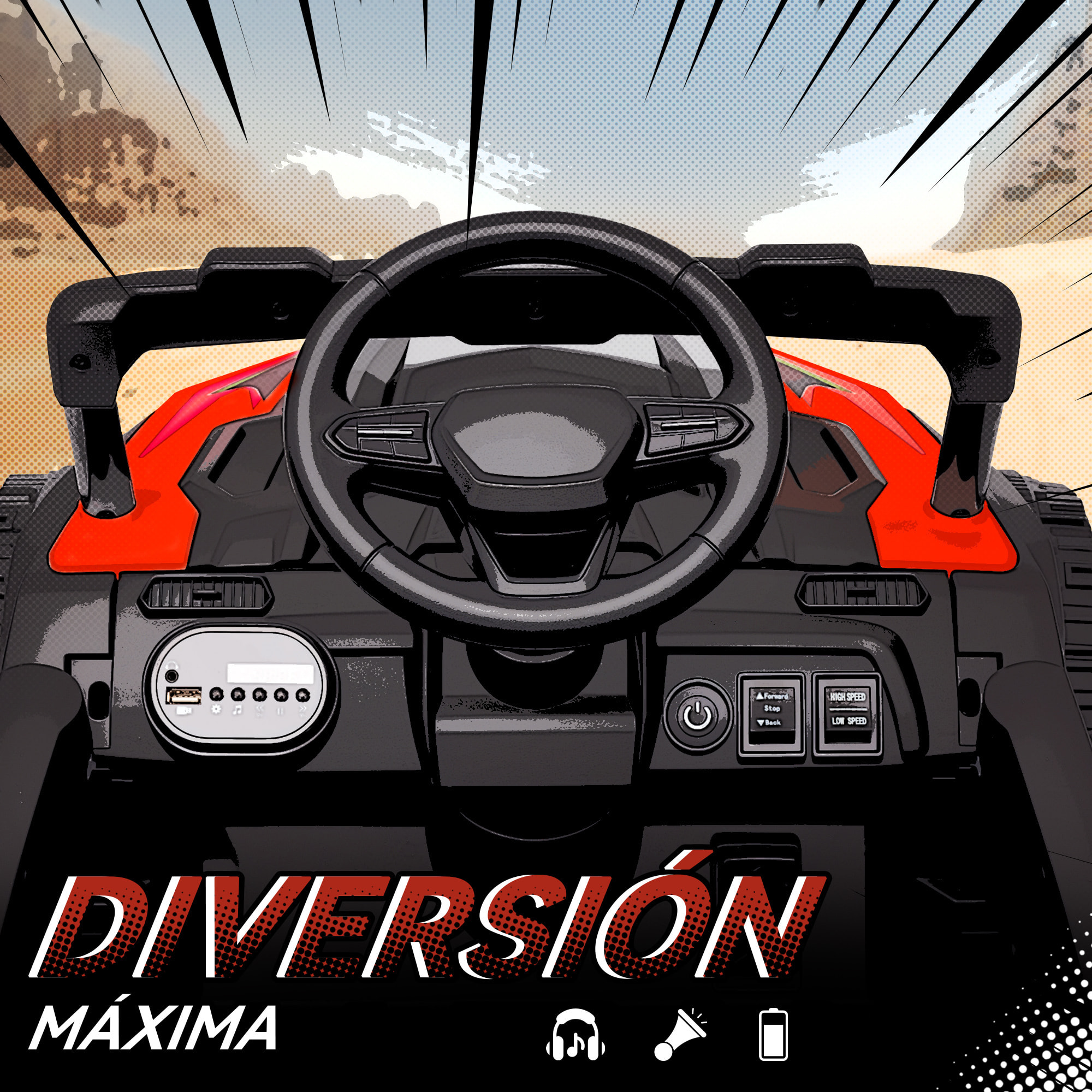 Coche Eléctrico para Niños 12V, Coche de Batería UTV con 2 Motores, Control Remoto 2,4G, Suspensión Trasera, Faros, Música, para Niños de +3 Años, Rojo