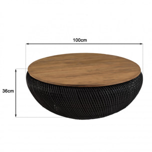 ALIDA - Table basse ronde 100x100cm en rotin noir plateau amovible