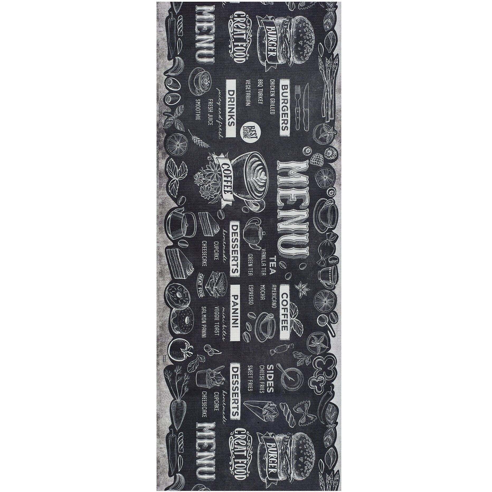 RICCI Alfombra vinílica de cocina diseño de menús en negro, varias medidas disponibles.