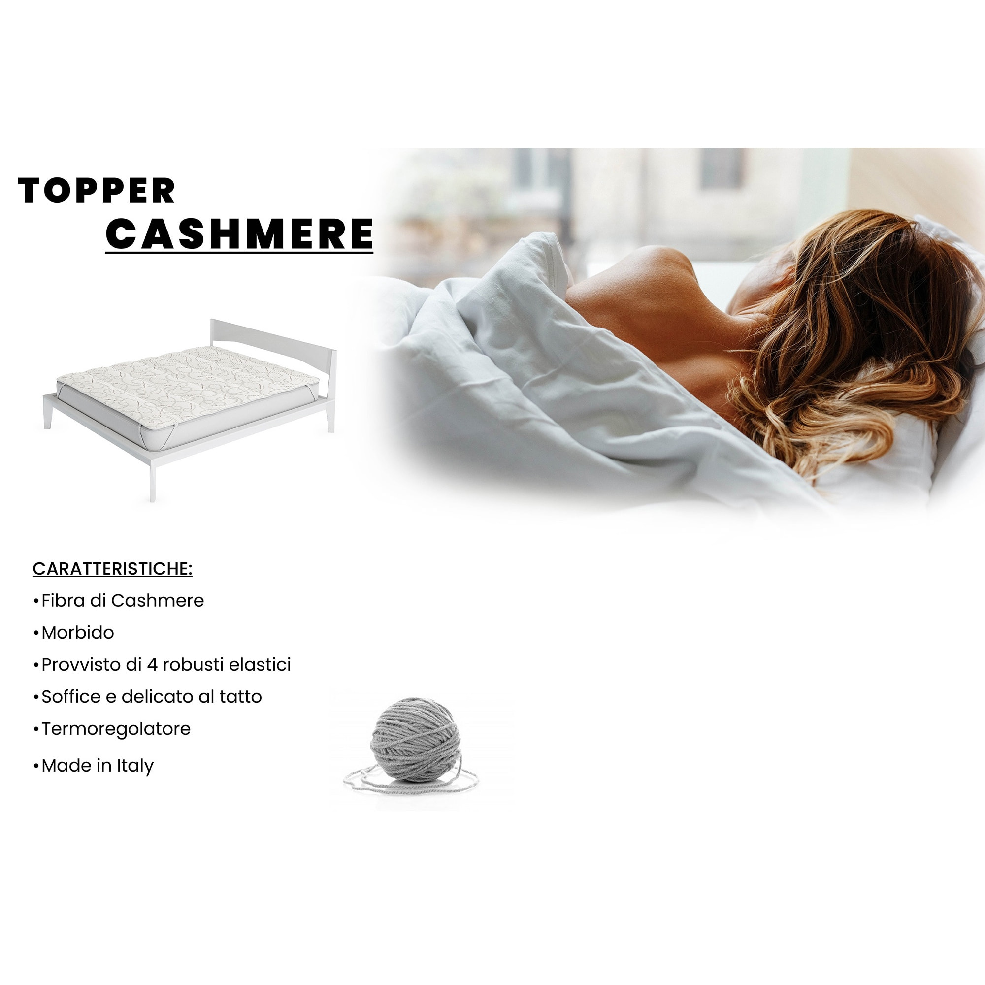 TOPPER CASHMERE Trapuntato, con Elastici, Microfibra, Made in Italy