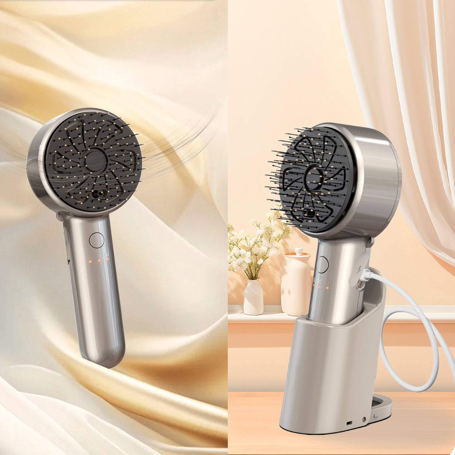 Pettine atomizzatore con massaggio a due velocità e base.