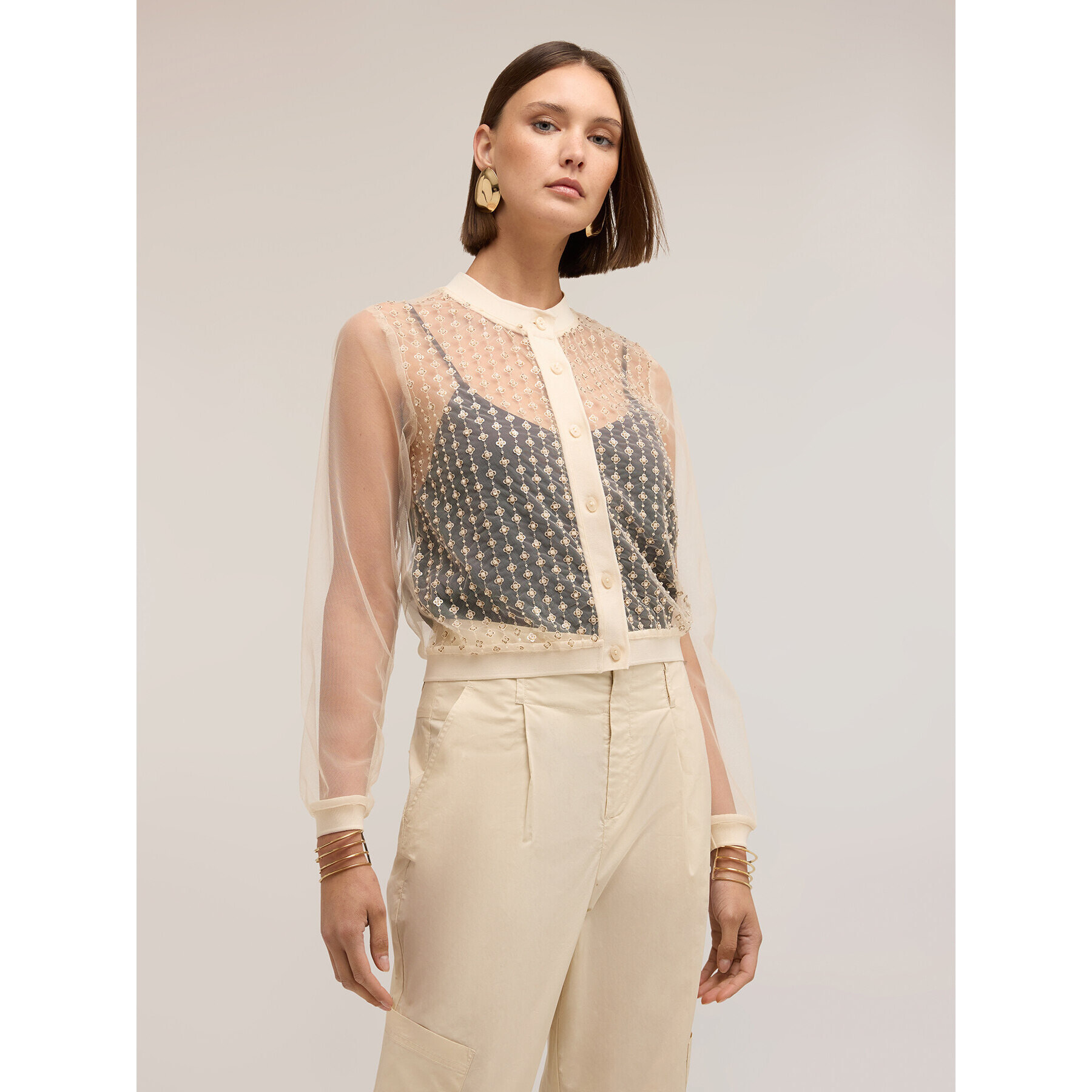 Motivi - Camisa de tul con bordado joya - Beige