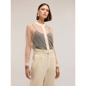 Motivi - Camisa de tul con bordado joya - Beige
