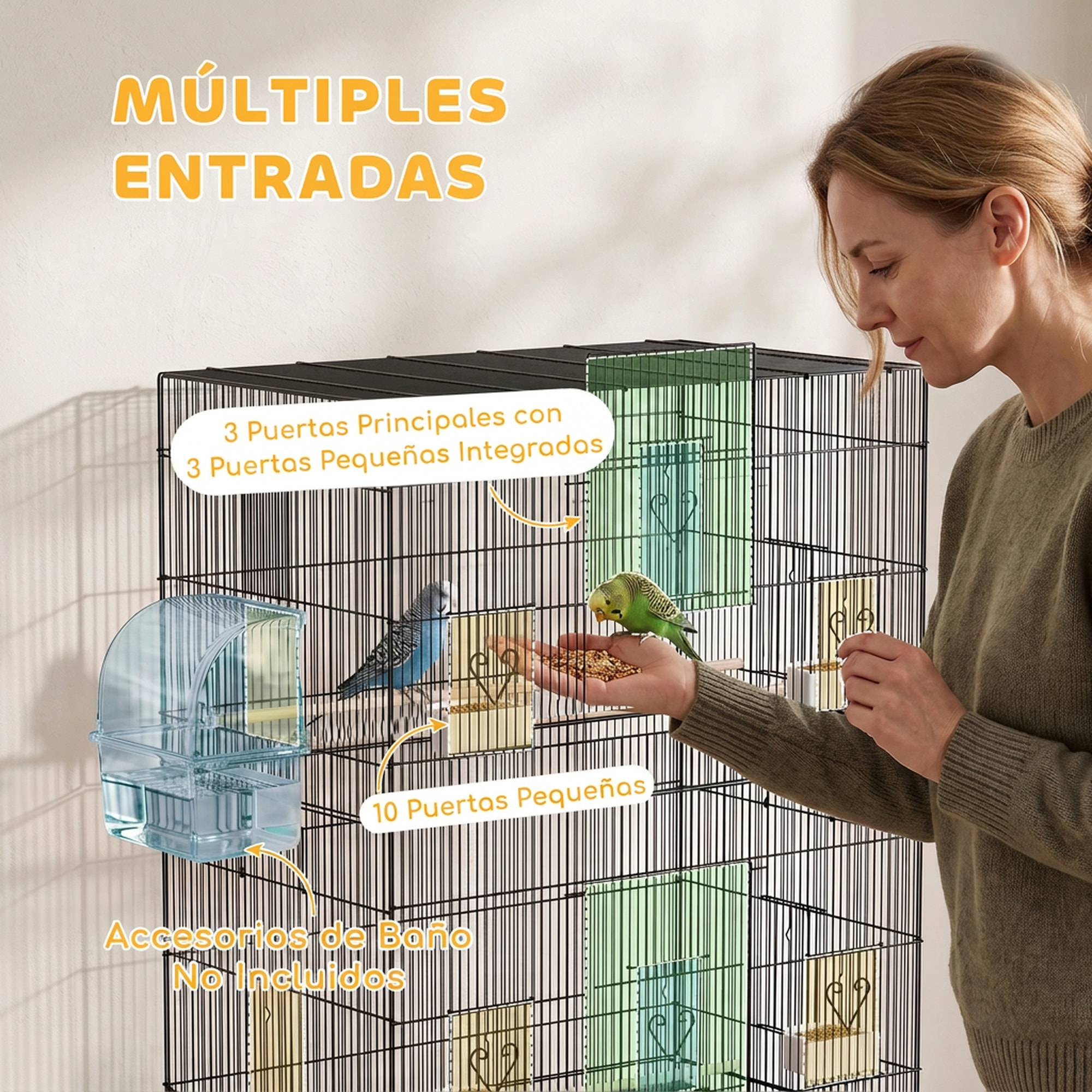 Jaula Grande para Pájaros con Ruedas, Jaula Metálica con 6 Comederos, Bandeja Extraíble, Múltiples Puertas, 3 Perchas de Madera, Pajarera para Periquitos, Agapornis, Ninfas 77x46,5x141 cm Negro