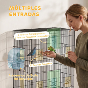 Jaula Grande para Pájaros con Ruedas, Jaula Metálica con 6 Comederos, Bandeja Extraíble, Múltiples Puertas, 3 Perchas de Madera, Pajarera para Periquitos, Agapornis, Ninfas 77x46,5x141 cm Negro
