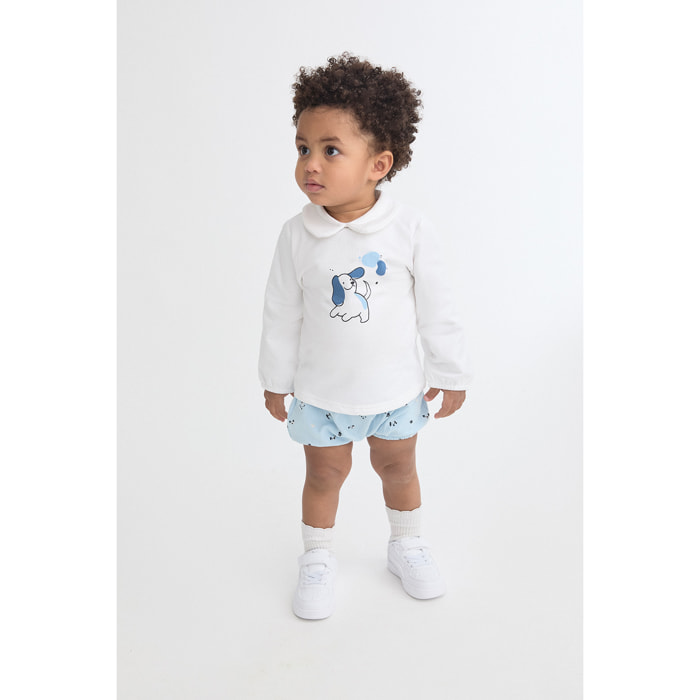 Conjunto bebé niño camiseta crudo con perrito y braguita azul de huellitas, cierre trasero de botones | Color: Blanco roto | Street Monkey