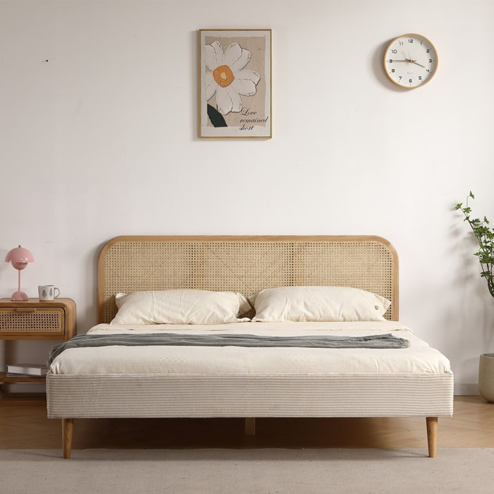 Lit en velours côtelé avec tête de lit en cannage - DALIA