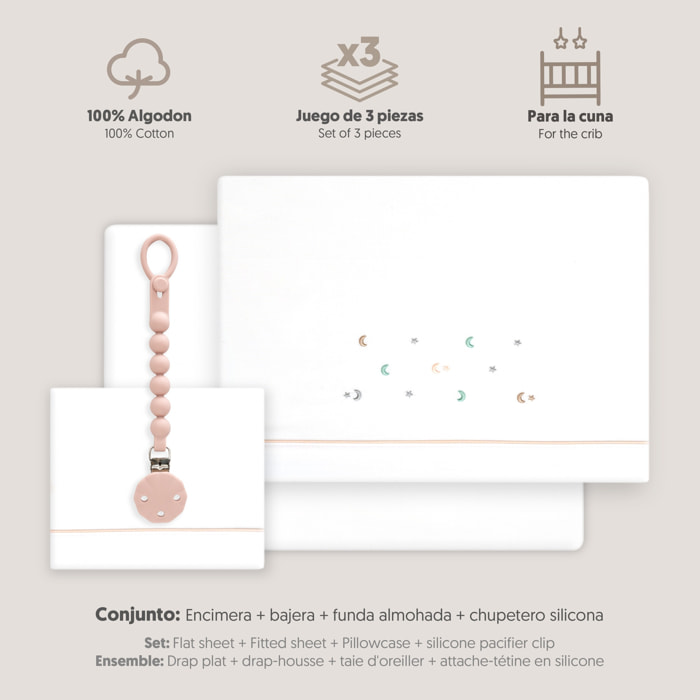 Triptico Cuna Estrella Luna Multicolor + Broche Bco/Rosa