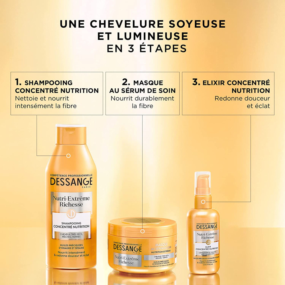 Dessange Nutri Extrême Richesse Routine Shampooing, Masque, Soin pour Cheveux Très Secs et Fragiles 250ml, 250ml, 100ml