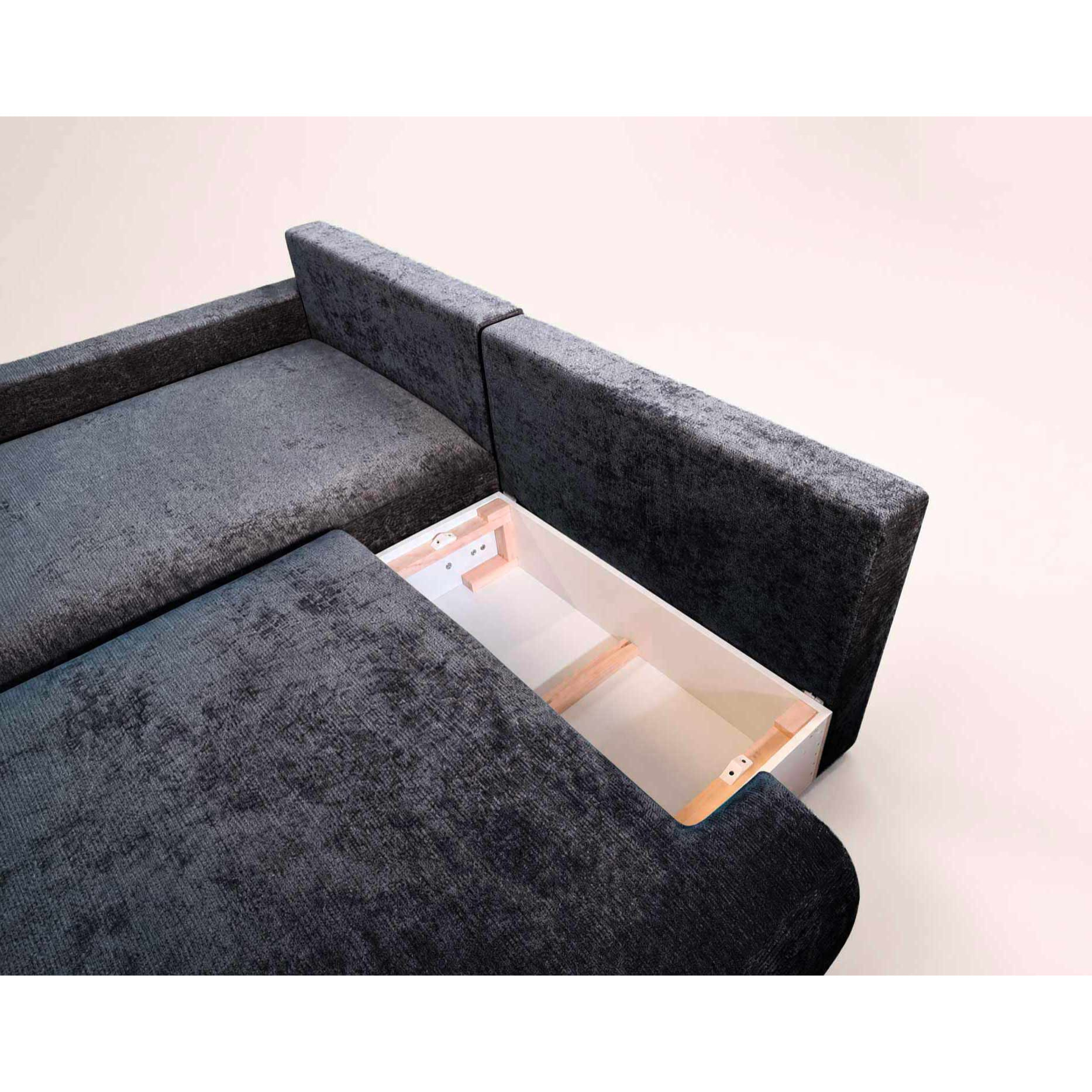 Pivoine - Canapé d'angle ouvert gauche 4 places convertible avec coffre en tissu texturé - Bleu marine