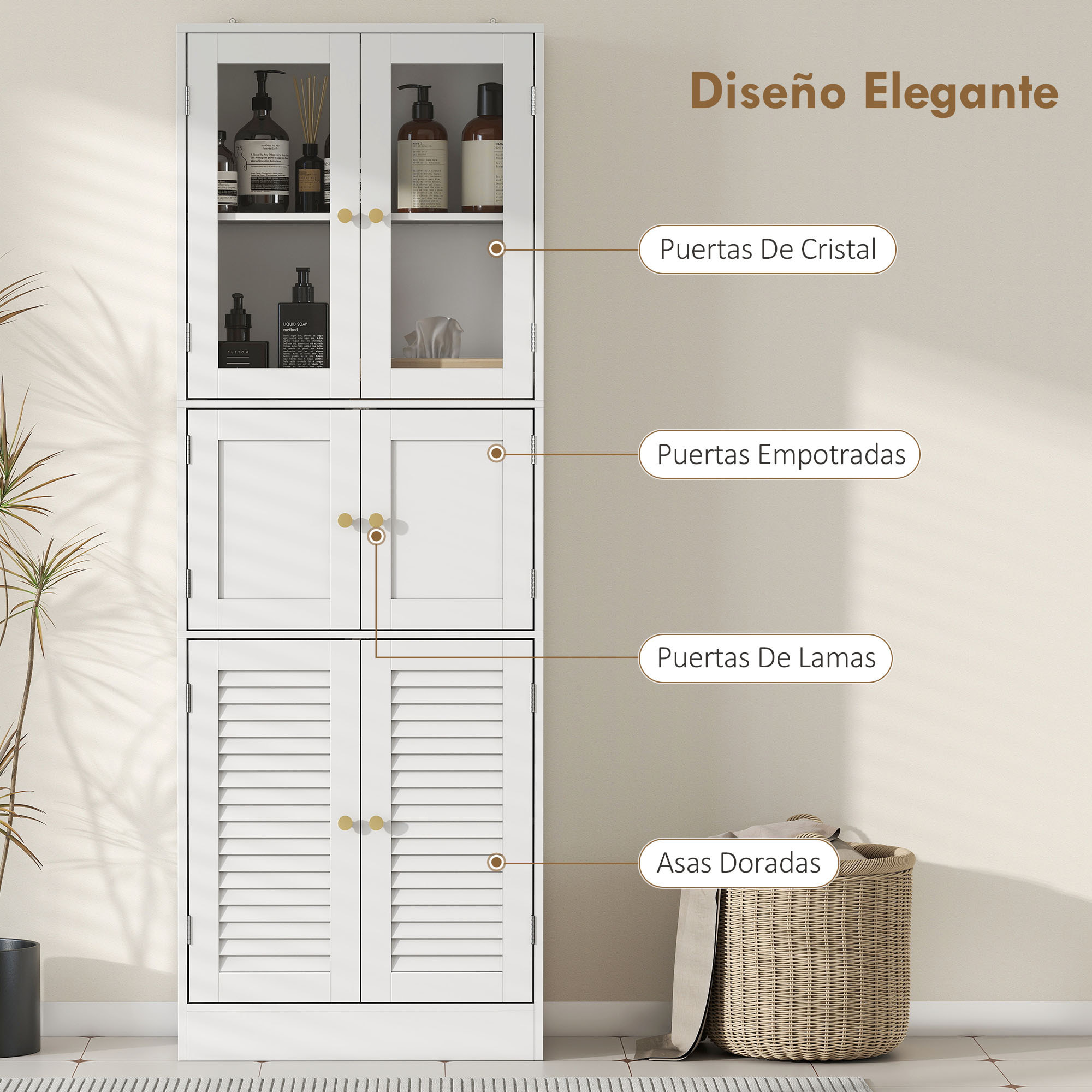 Armario de Baño Alto, Columna de Baño Estrecha con Puertas de Vidrio, Puertas de Lamas, Estantes Ajustables, 60x30x170 cm, Blanco