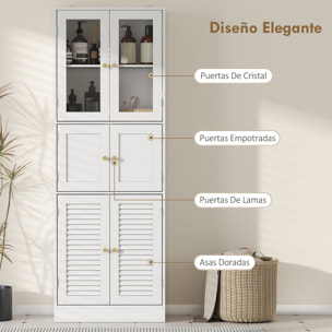 Armario de Baño Alto, Columna de Baño Estrecha con Puertas de Vidrio, Puertas de Lamas, Estantes Ajustables, 60x30x170 cm, Blanco