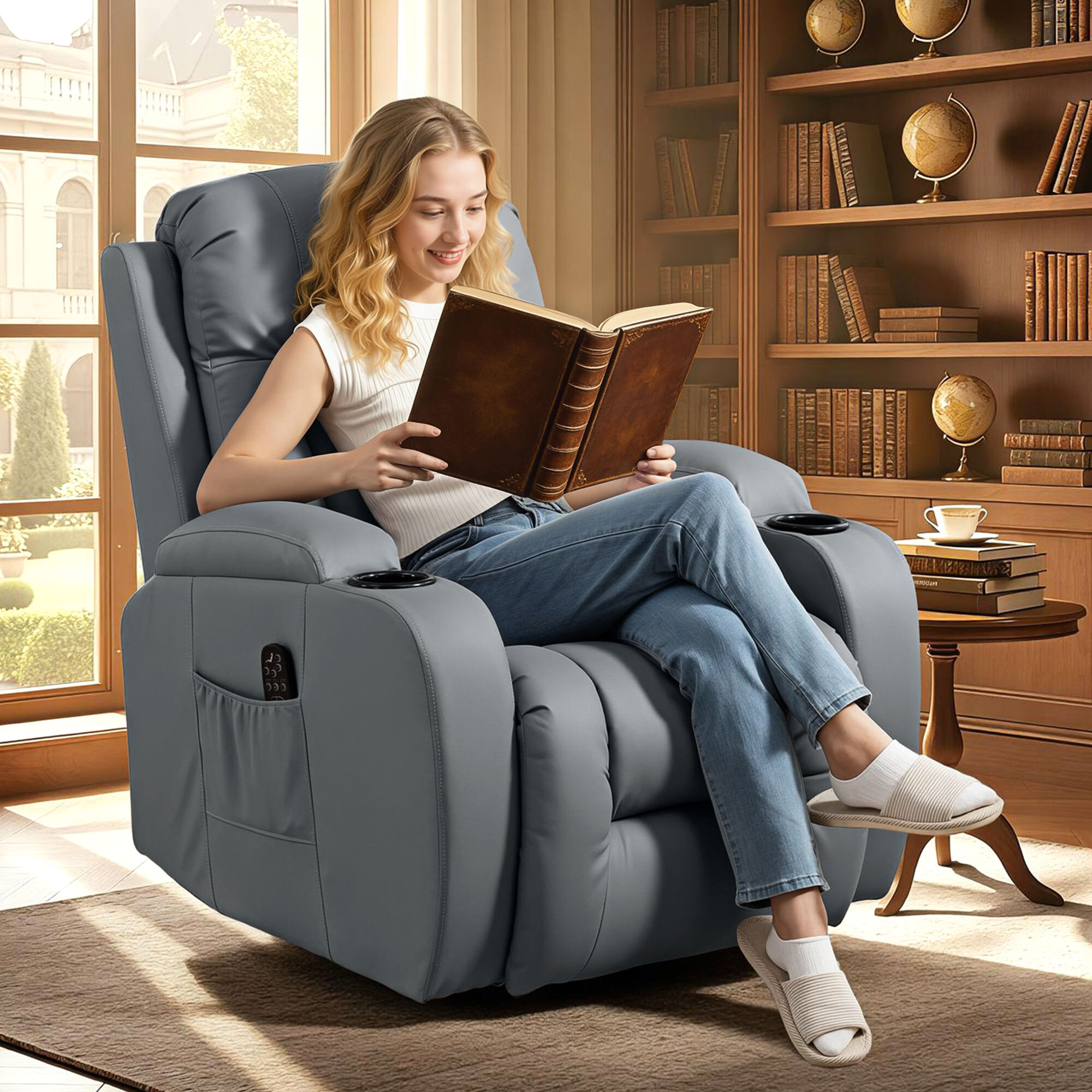 Sillón de Masaje Giratorio, Sillón Relax Reclinable con 8 Puntos de Masaje, Función Calefacción Lumbar, Mando a Distancia, Tapizado en PU, Reposapiés, Bolsillo Lateral, Función Basculante Gris