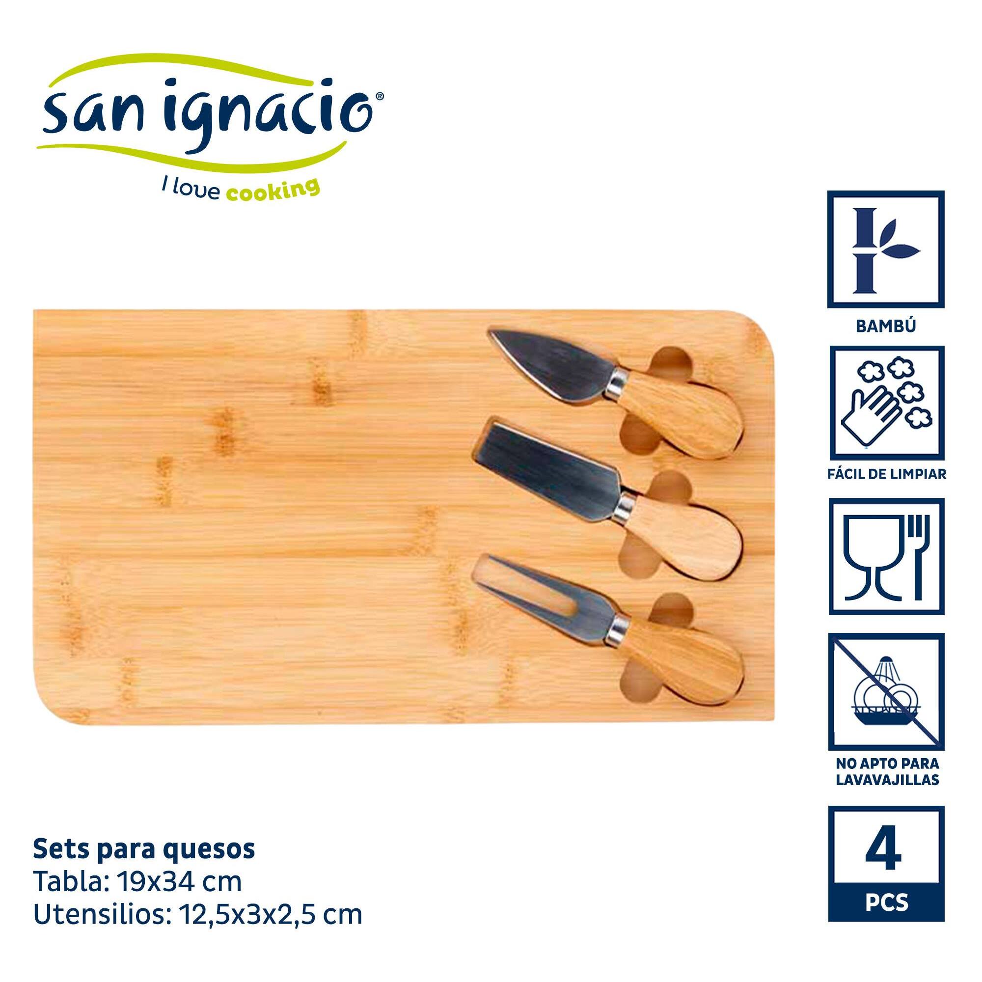 Set 4 pzs bambu tabla con 3 utensilios colección kinvara