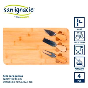 Set 4 pzs bambu tabla con 3 utensilios colección kinvara