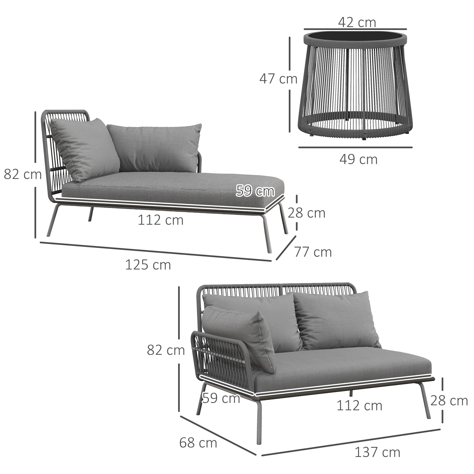 Salon de jardin d'angle 4 pers. style colonial table basse coussins grand confort inclus résine tressée gris