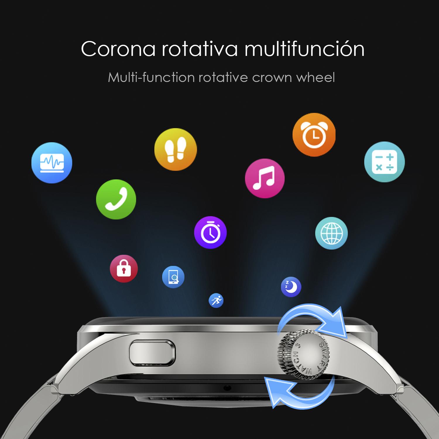 Smartwatch DT3 con notificaciones, pantalla dividida, modos multideportivos y monitor cardíaco.