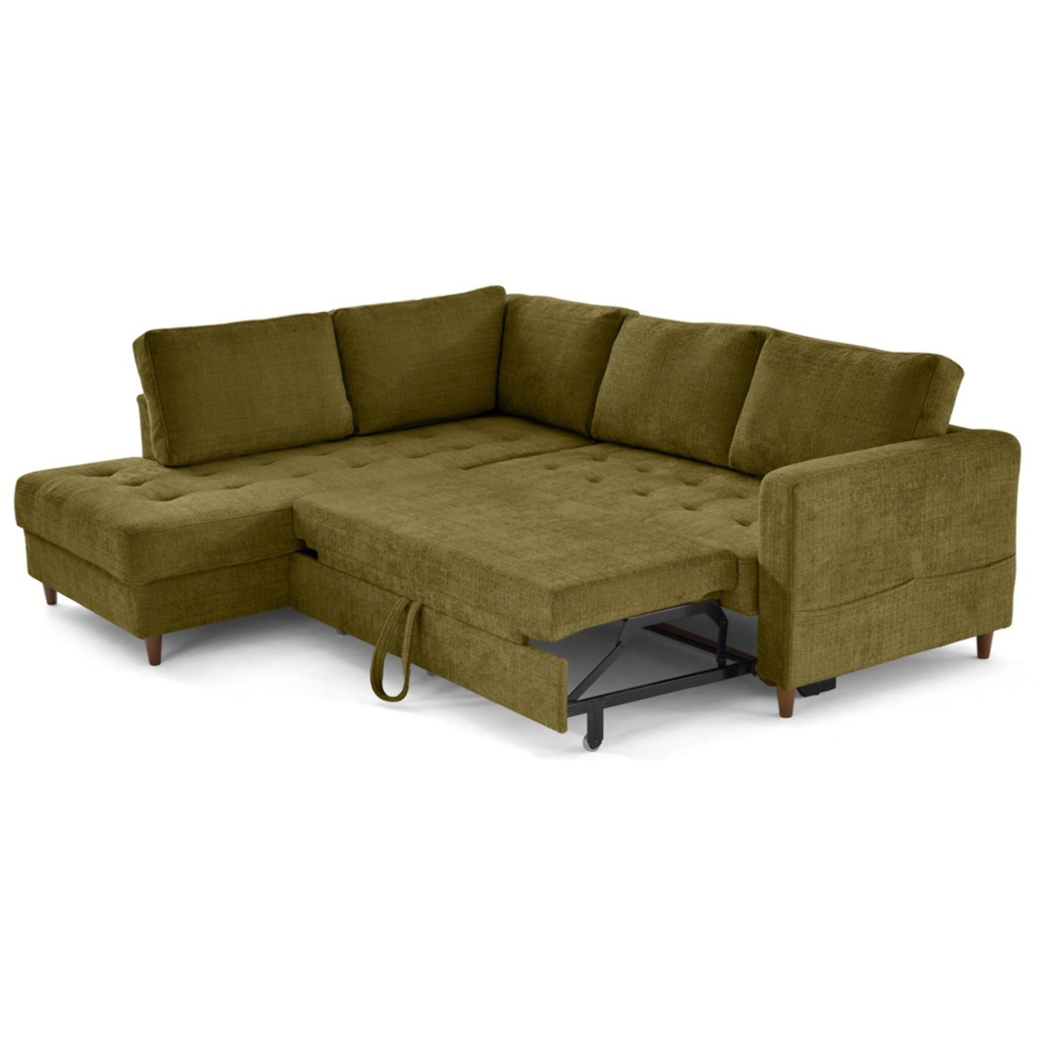 Anna - canapé d'angle gauche 5 places convertible en velours texturé - Vert Olive