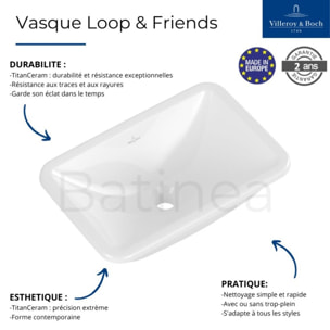 Vasque 60 x 40,5 rectangle à encastrer par dessous Loop & Friends TitanCeram blanche avec trop plein
