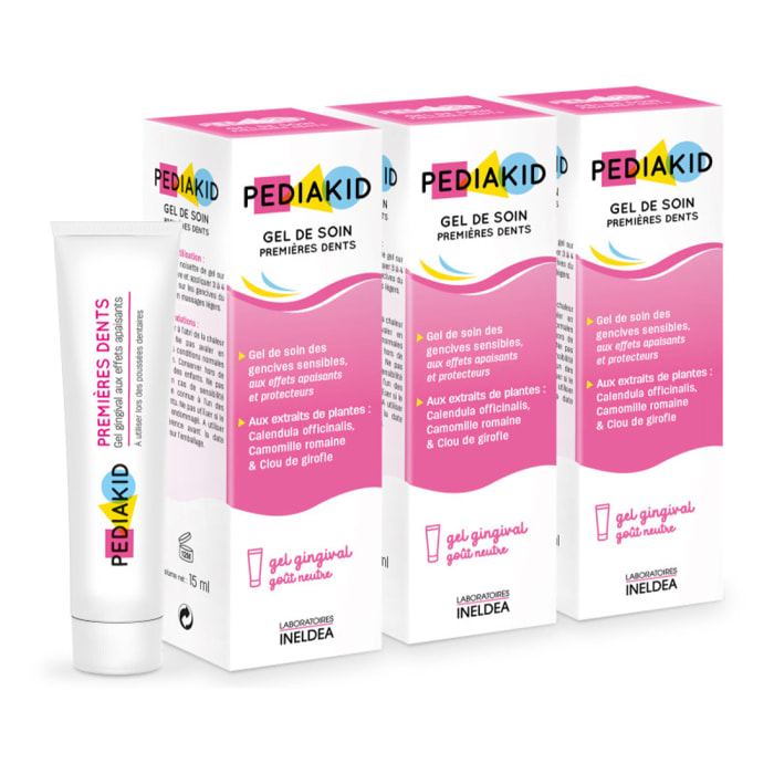 PEDIAKID - Gel de Soin Premières Dents - Gel gingival naturel - Effet apaisant & protecteur en cas de poussées dentaires - Sans parabènes, ni triclosan, ni phtalates, ni BPA - Lot de 3