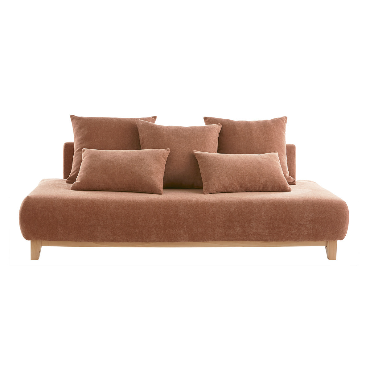 Canapé 3 places en tissu effet velours texturé terre brûlée et bois clair L200 cm ODEON