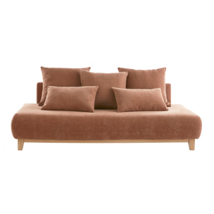 Canapé 3 places en tissu effet velours texturé terre brûlée et bois clair L200 cm ODEON