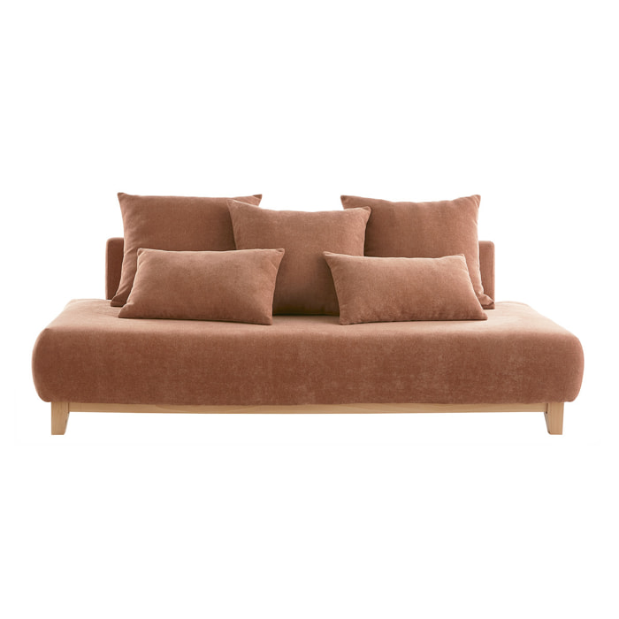 Canapé 3 places en tissu effet velours texturé terre brûlée et bois clair L200 cm ODEON