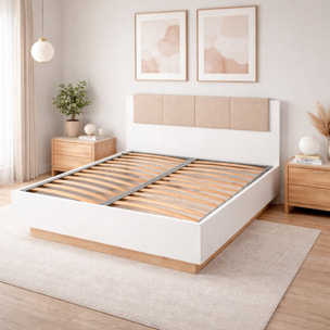 Testiera Imbottita Con Contenitore Letto Matrimoniale Mobile Camera Da Letto Struttura Moderna Zona Notte 165 x 104.5 x 210 Cm Bianco E Rovere